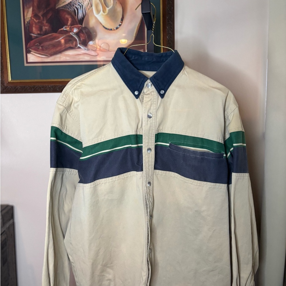 Beige Button-Up Shirt with Green and Blue Stripes